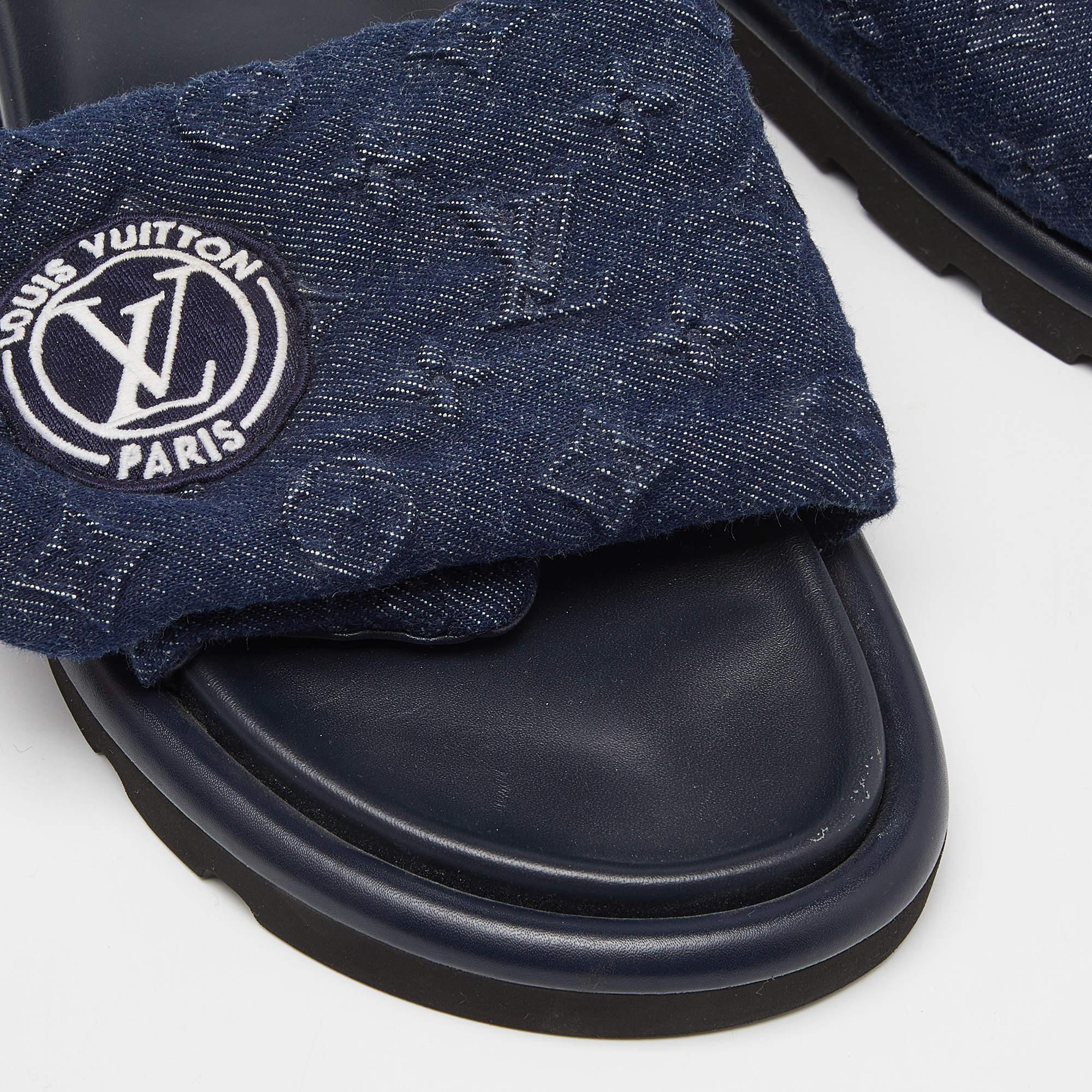 Louis Vuitton Navy Blue Monogram Denim Pool Pillow Velcro Flat Slides Size 40 2