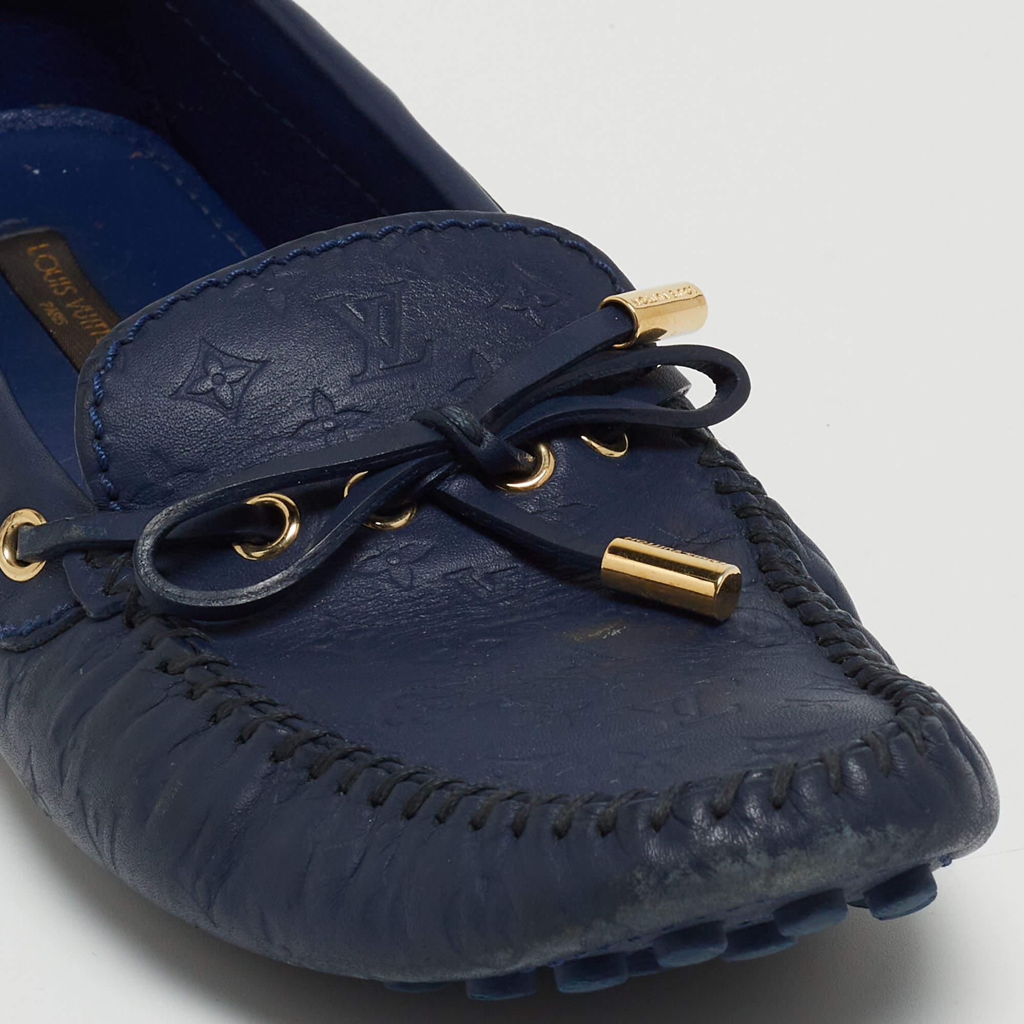 Louis Vuitton Navy Blue Monogram Embossed Leather Gloria Loafers Size 38.5 For Sale 1
