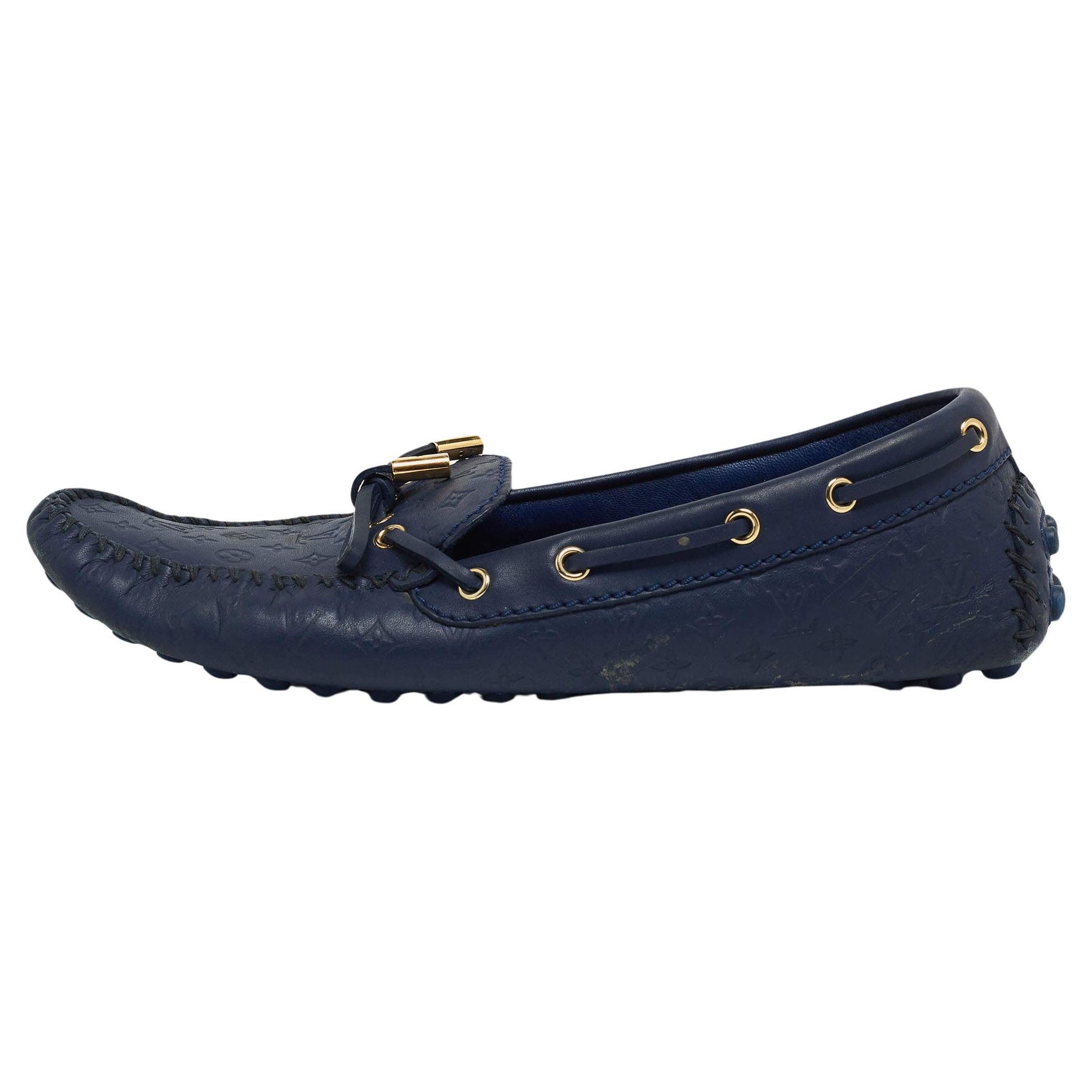 Louis Vuitton Navy Blue Monogram Embossed Leather Gloria Loafers Size 38.5 For Sale
