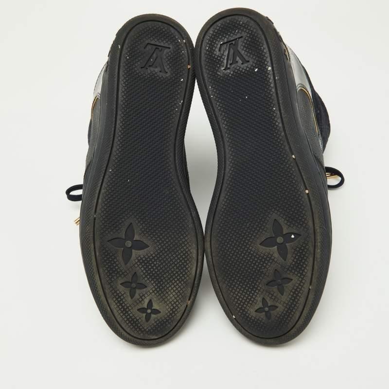 Louis Vuitton Navy Blue Monogram Embossed Suede and Leather Millenium Wedge  For Sale 1