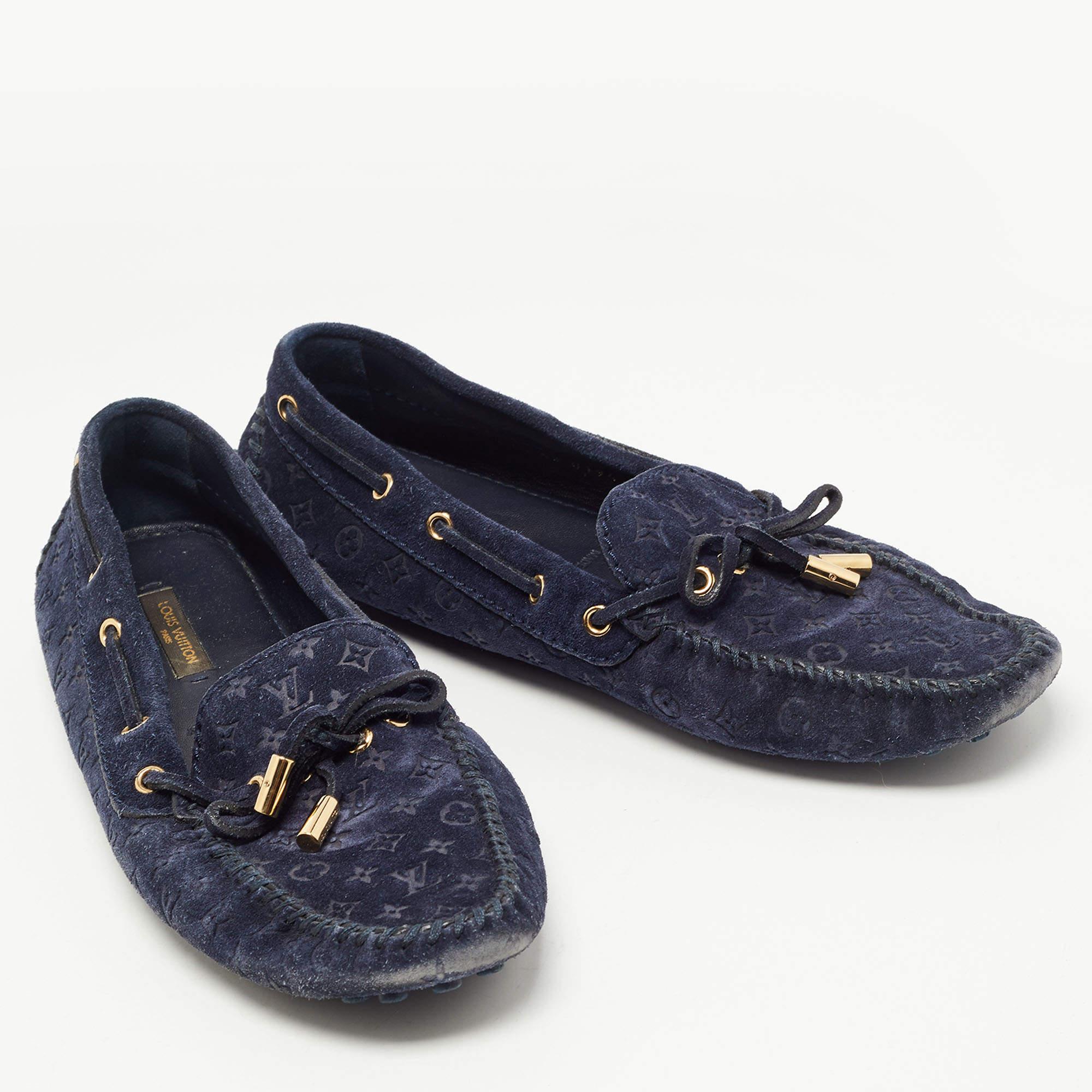 Black Louis Vuitton Navy Blue Monogram Embossed Suede Gloria Loafers Size 37.5 For Sale
