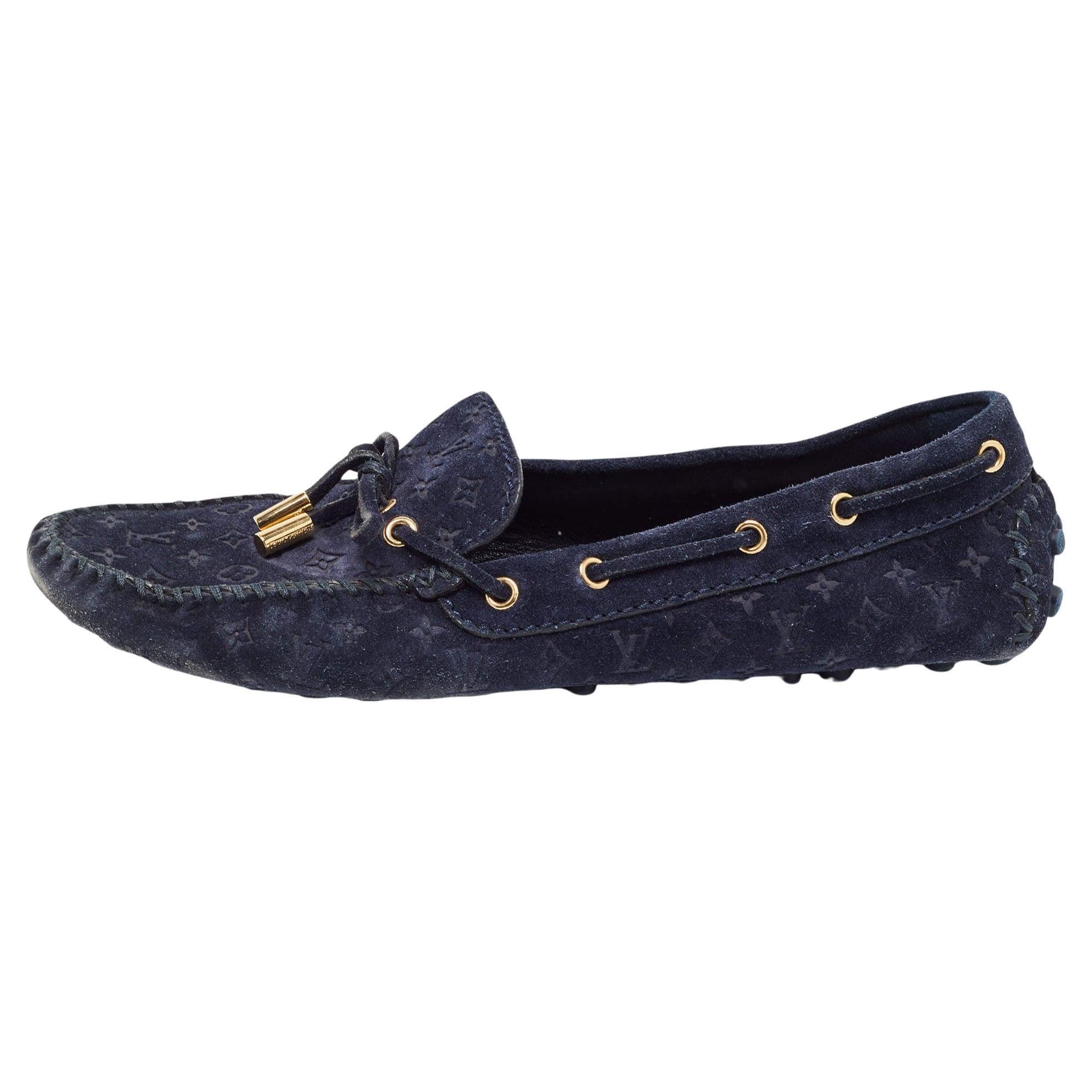 Louis Vuitton Navy Blue Monogram Embossed Suede Gloria Loafers Size 37.5 For Sale