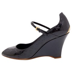 Louis Vuitton Navy Blue Monogram Patent Leather Peep Toe Wedge Pumps Size 37