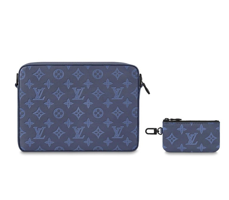 Gray Louis Vuitton Navy Blue Monogram Shadow Leather Duo Messenger Bag For Sale