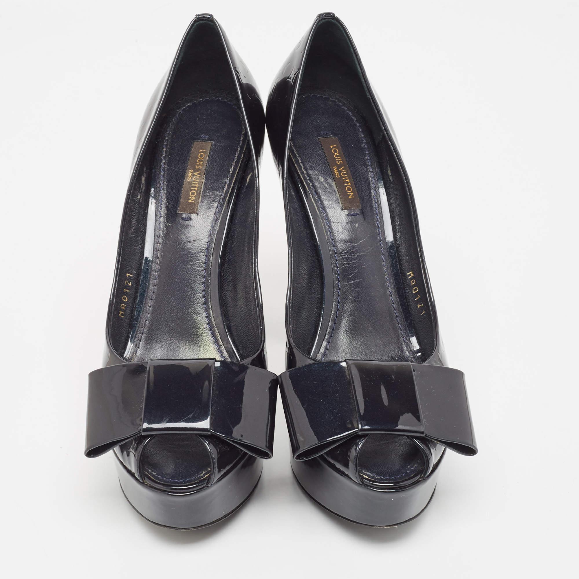Black Louis Vuitton Navy Blue Monogram Vernis True Peep Toe Platform Pumps Size 39