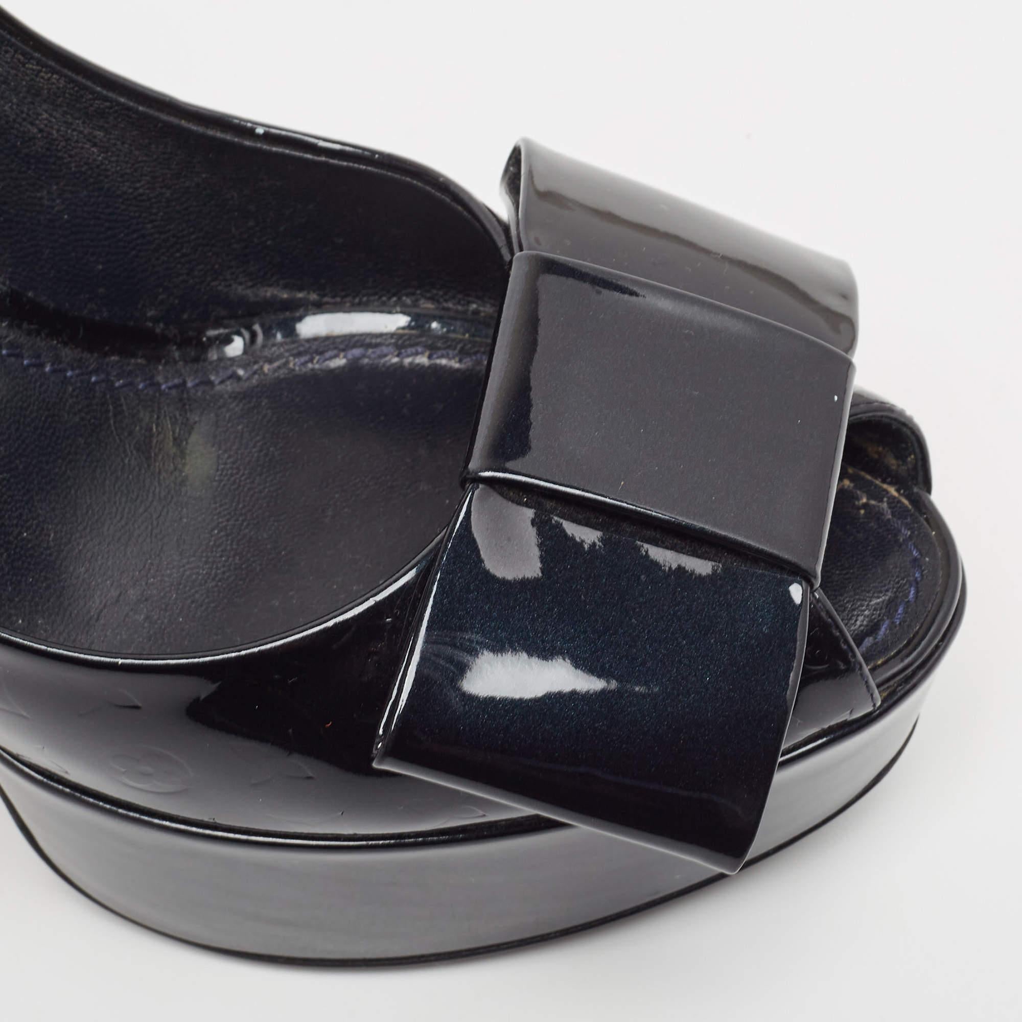 Louis Vuitton Navy Blue Monogram Vernis True Peep Toe Platform Pumps Size 39 2
