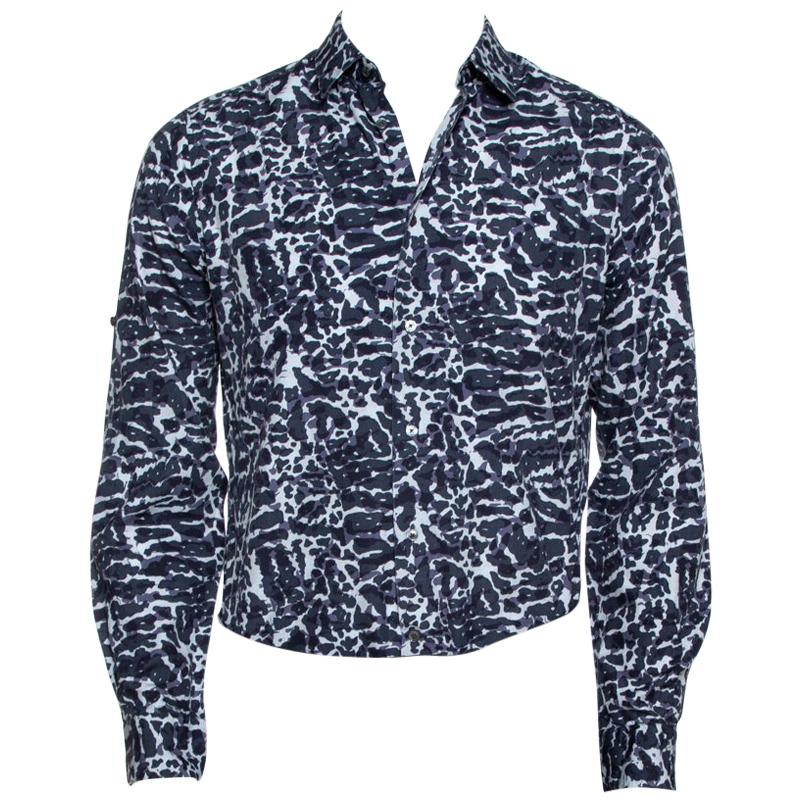 Louis Vuitton Navy Blue Printed Cotton Long Sleeve Shirt M