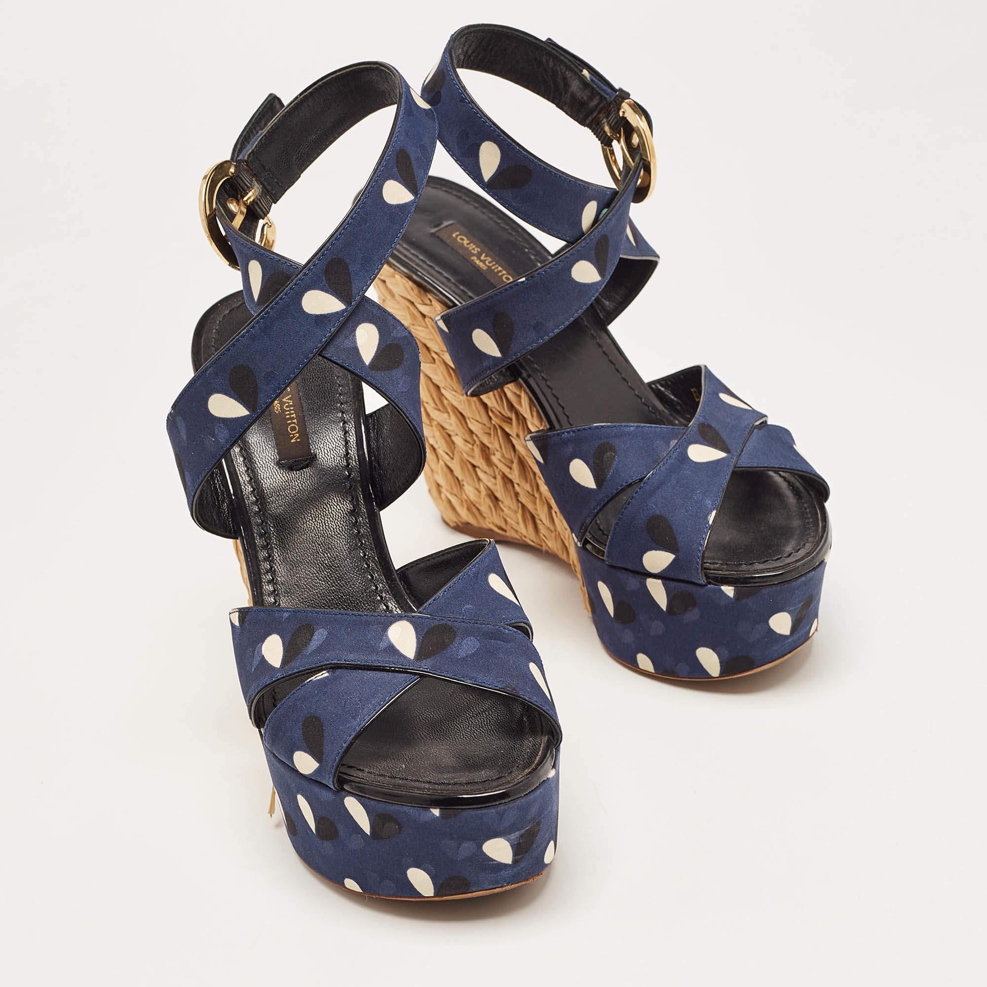 Women's Louis Vuitton Navy Blue Printed Fabric Espadrille Wedge Ankle Wrap Sandals Size  For Sale