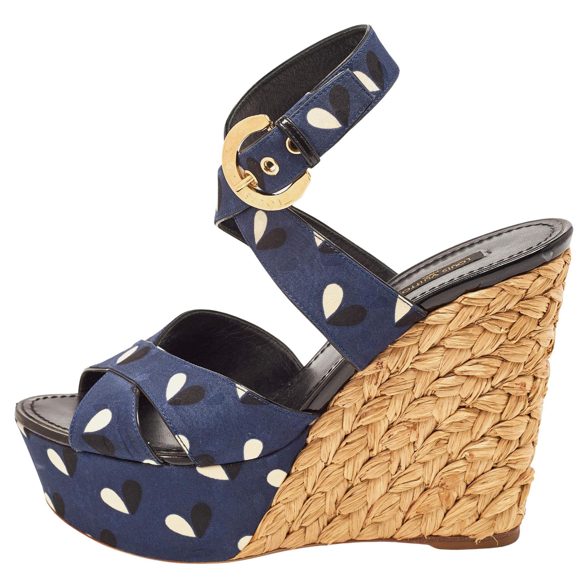 Louis Vuitton Navy Blue Printed Fabric Espadrille Wedge Ankle Wrap Sandals Size  For Sale