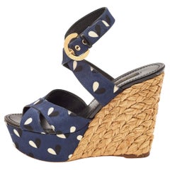 Louis Vuitton Navy Blue Printed Fabric Espadrille Wedge Ankle Wrap Sandals Size 