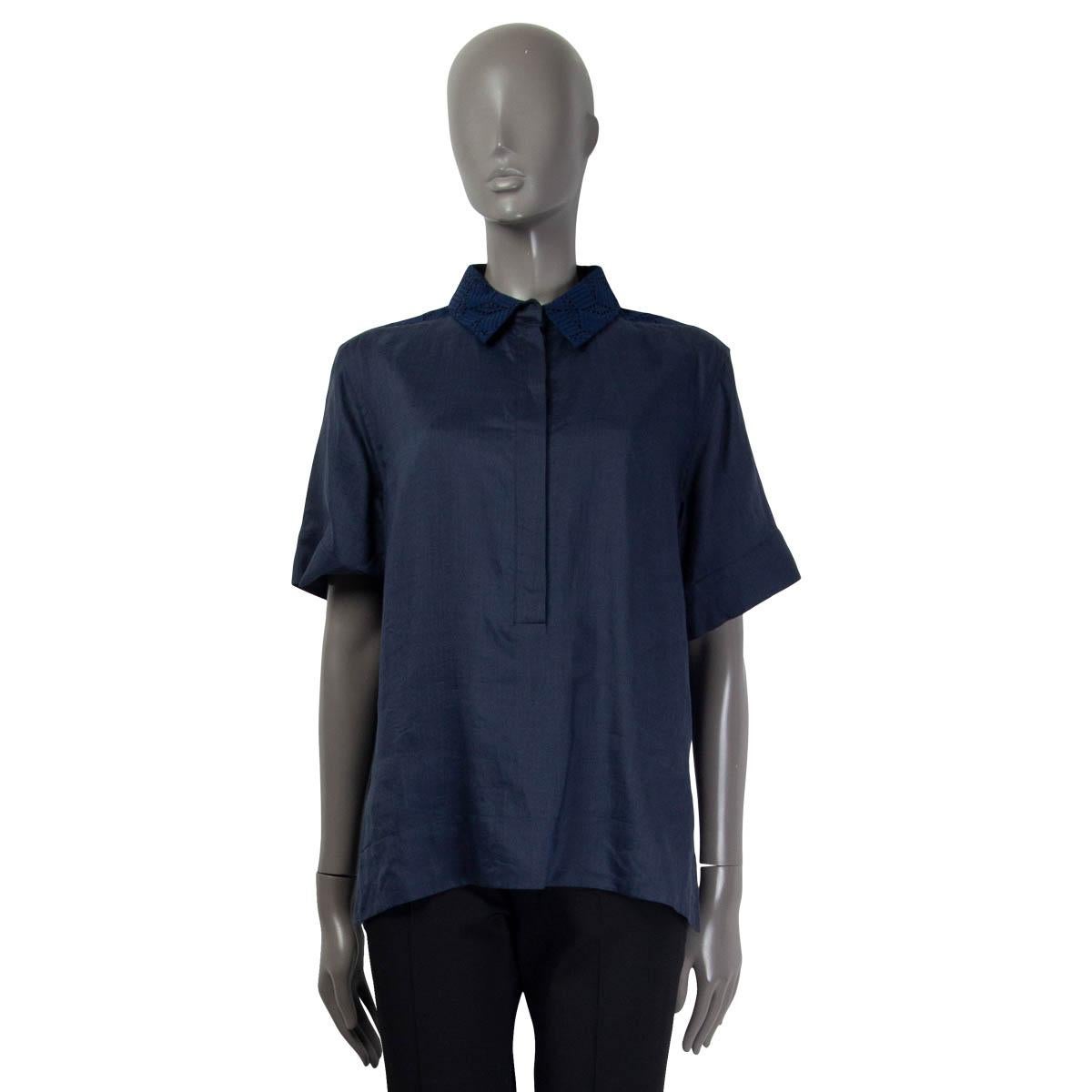 Black LOUIS VUITTON navy blue ramie 2013 BRODERIE ANGLAISE Button Up Shirt 38 S