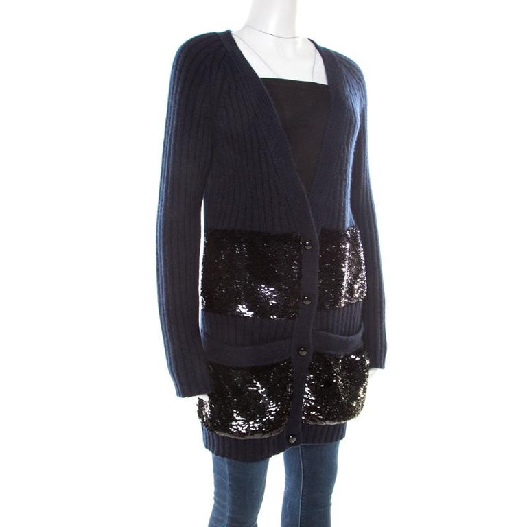 Louis Vuitton Navy Blue Sequin Embellished Button Front Cardigan M For Sale at 1stdibs