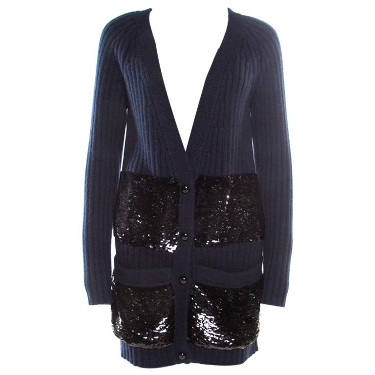Louis Vuitton Navy Blue Sequin Embellished Button Front Cardigan M