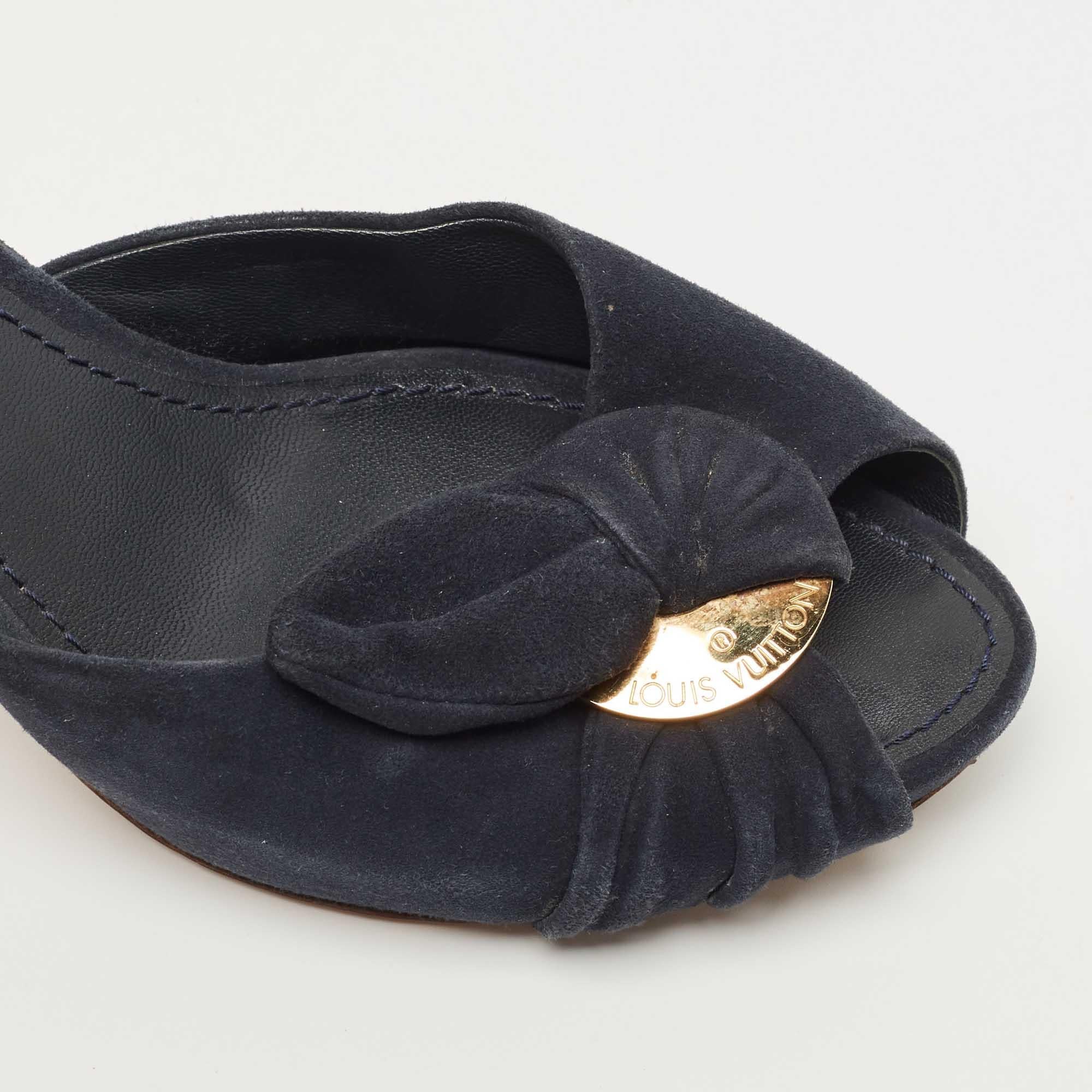 Louis Vuitton Navy Blue Suede Bow Slide Sandals Size 38 For Sale 1