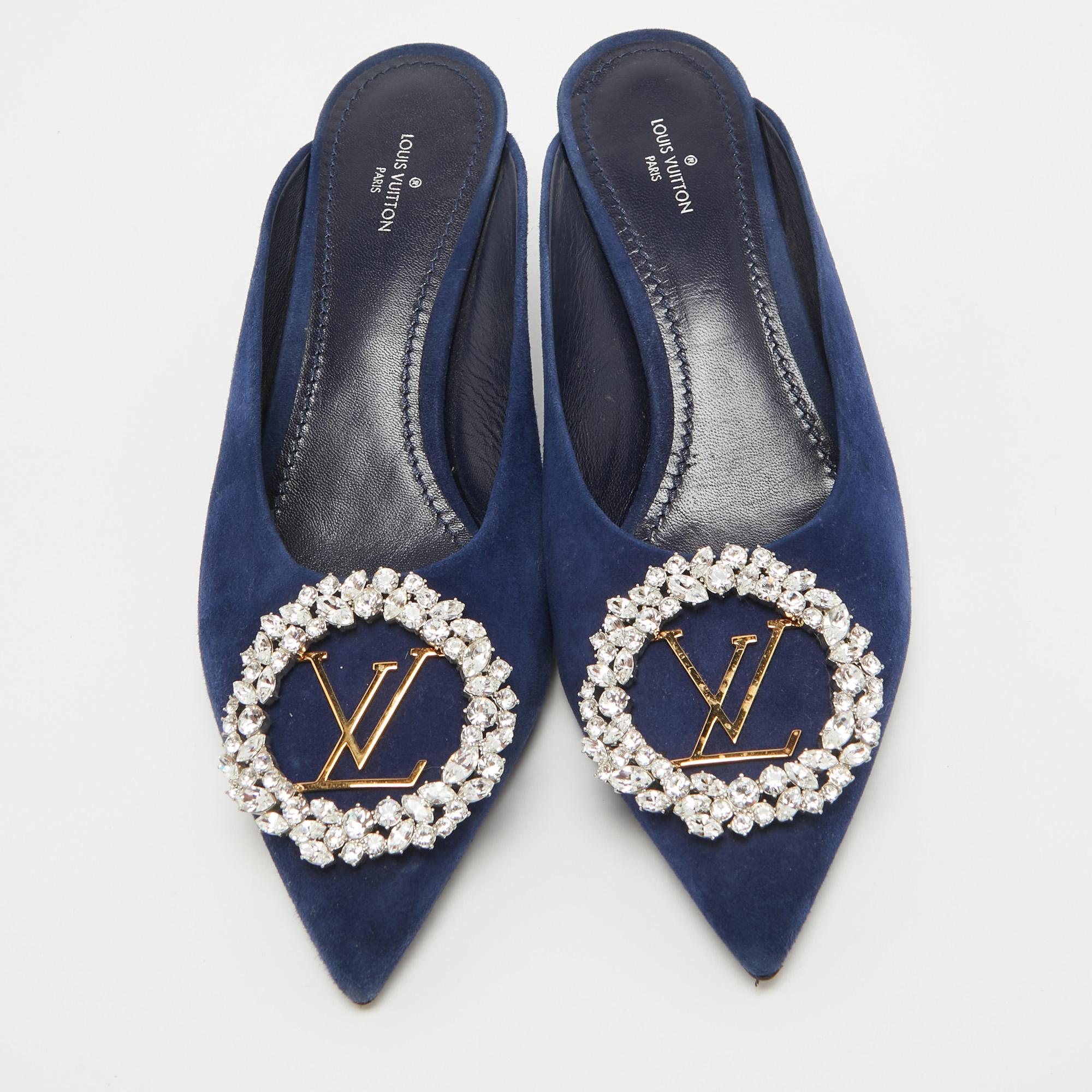 Louis Vuitton Navy Blue Suede Crystal Embellished Madeleine Mules Size 37.5 In Good Condition For Sale In Dubai, Al Qouz 2