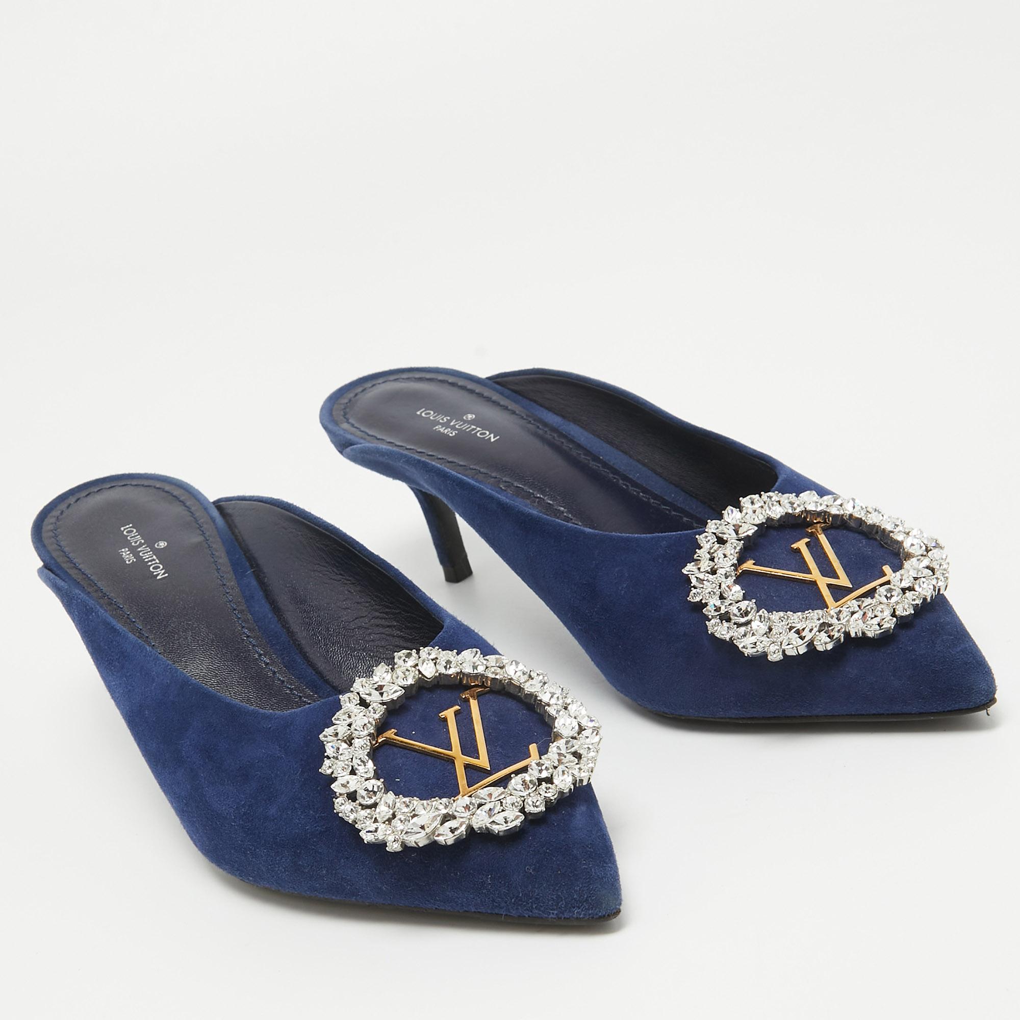 Louis Vuitton Navy Blue Suede Crystal Embellished Madeleine Mules Size 37.5 For Sale 1