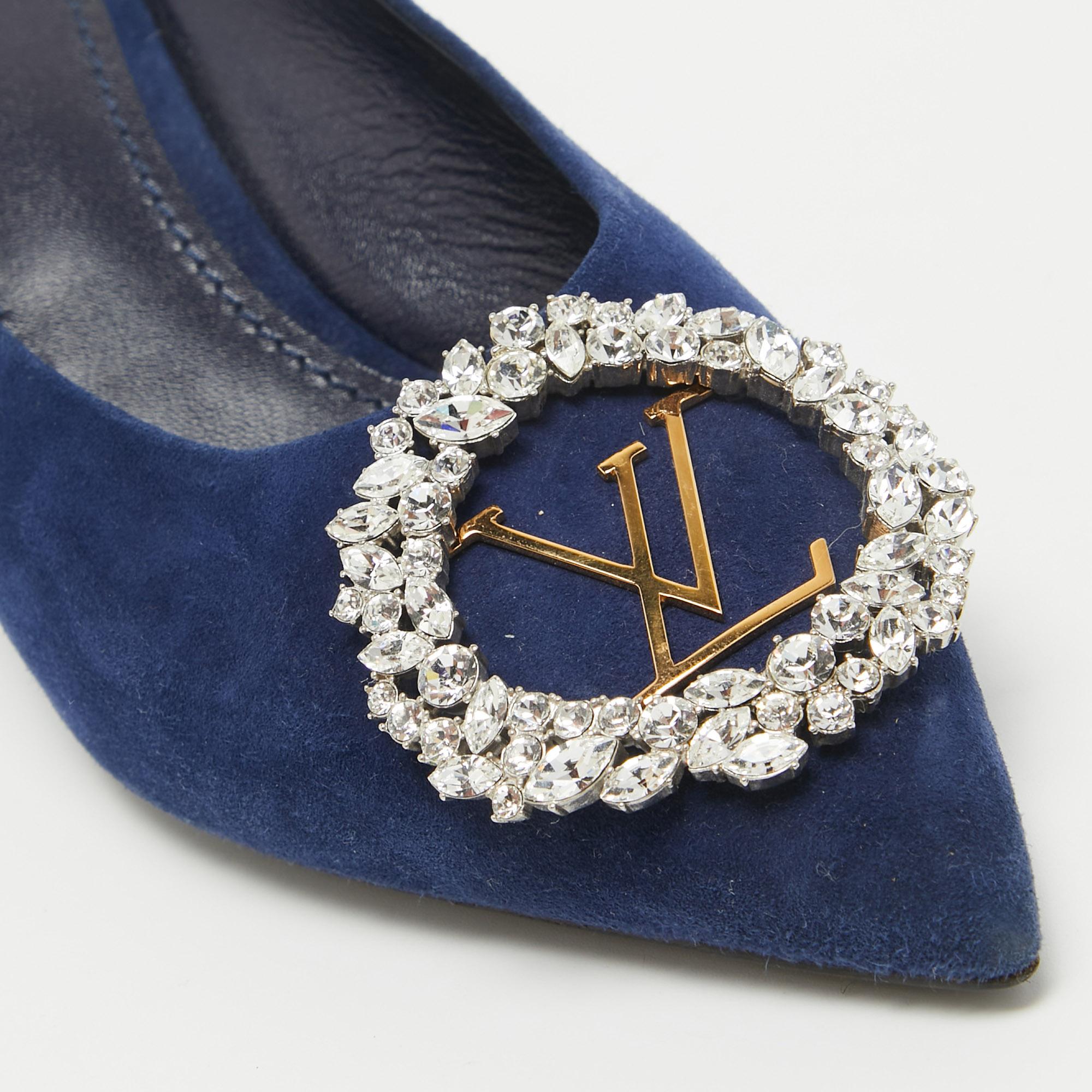 Louis Vuitton Navy Blue Suede Crystal Embellished Madeleine Mules Size 37.5 For Sale 2