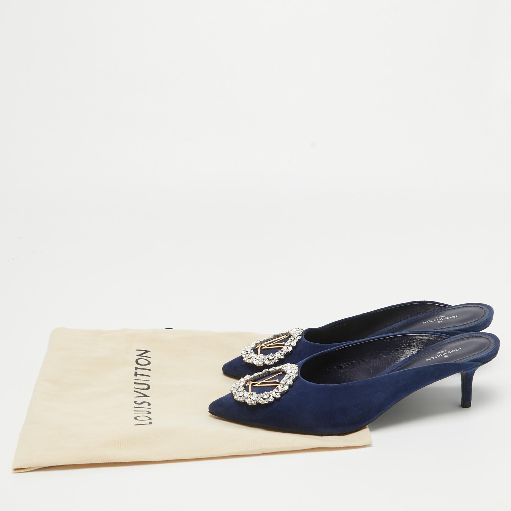 Louis Vuitton Navy Blue Suede Crystal Embellished Madeleine Mules Size 37.5 For Sale 5