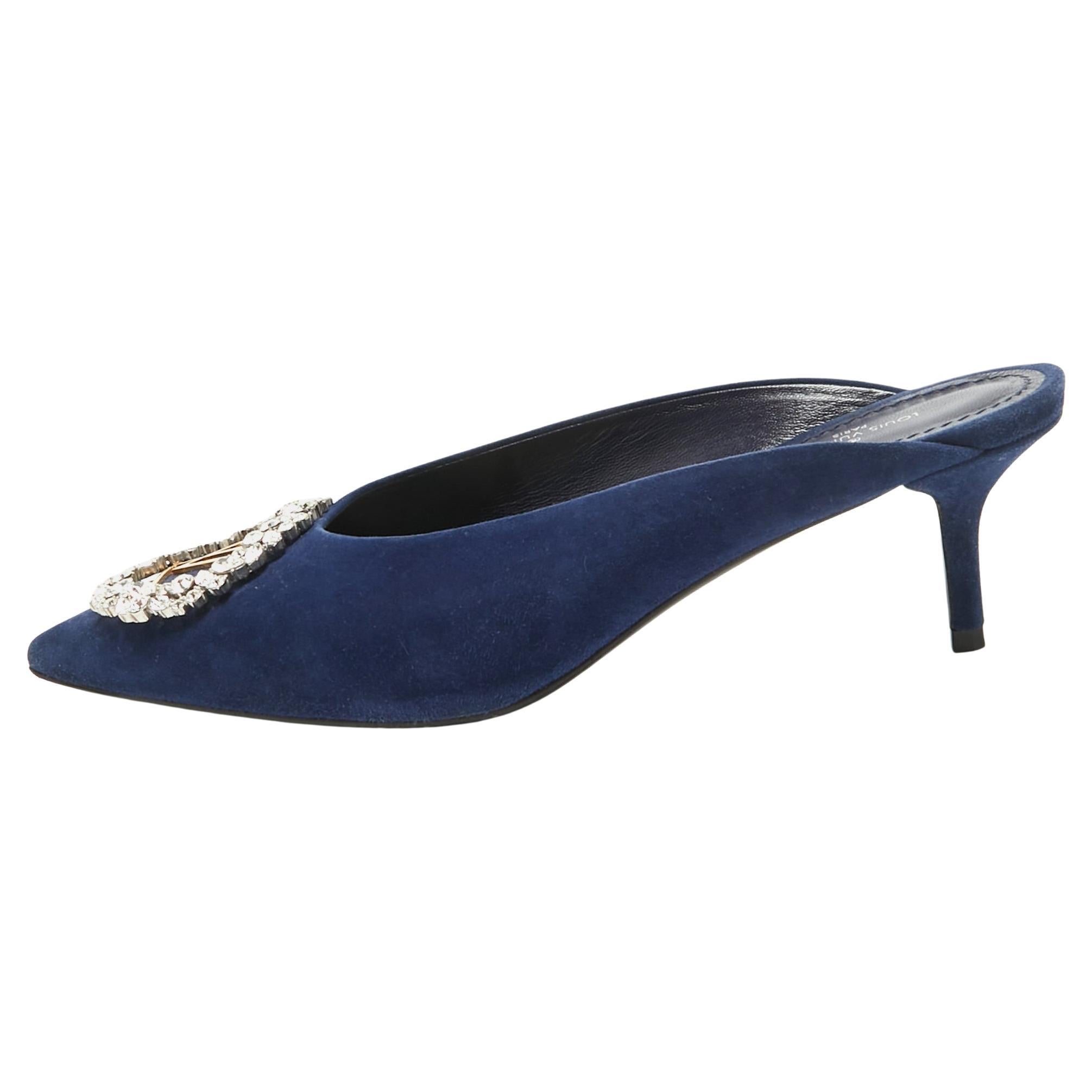 Louis Vuitton Navy Blue Suede Crystal Embellished Madeleine Mules Size 37.5 For Sale