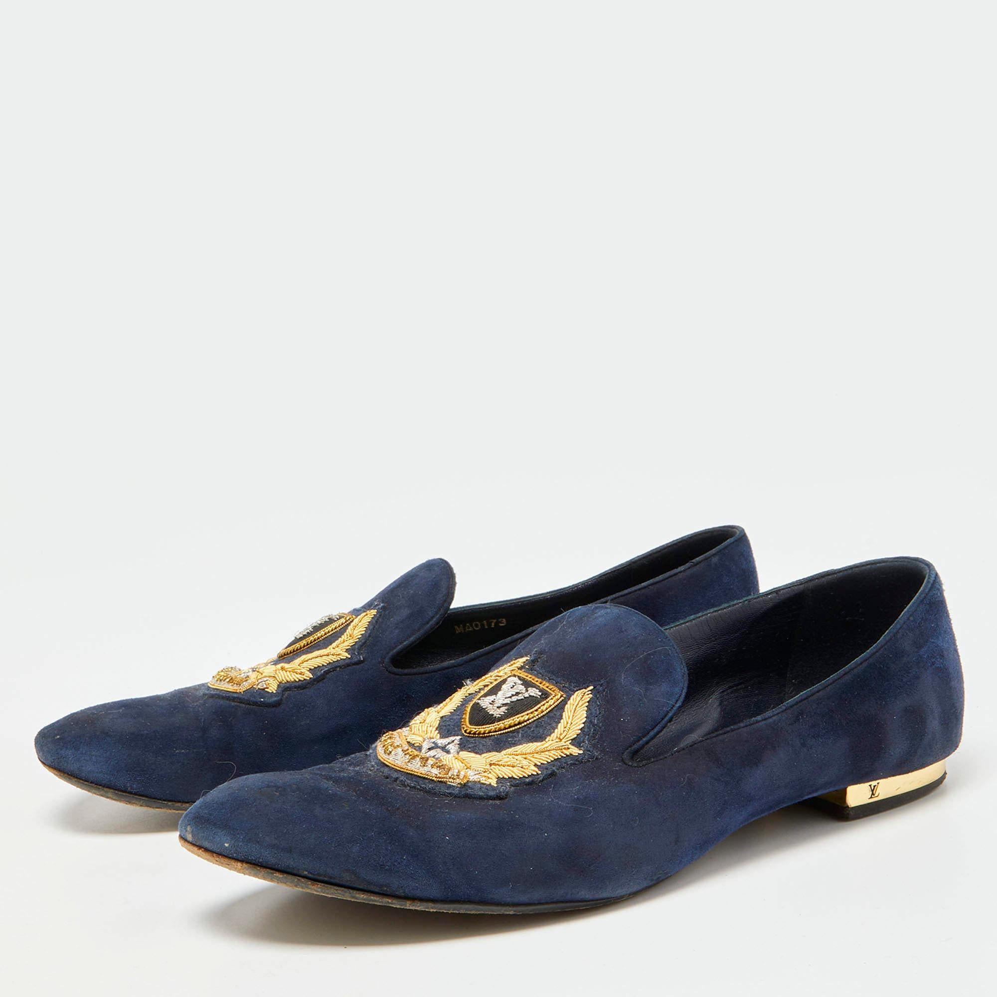 Black Louis Vuitton Navy Blue Suede Embroidered Smoking Slippers Size 38 For Sale
