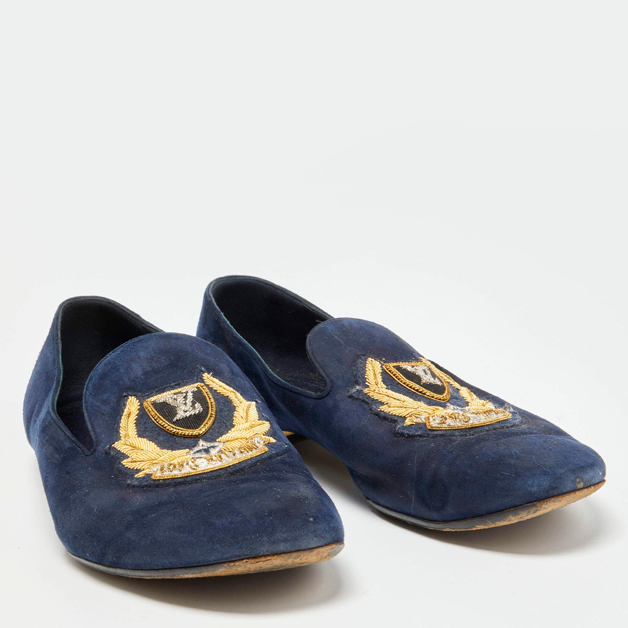 Louis Vuitton Navy Blue Suede Embroidered Smoking Slippers Size 38 In Good Condition For Sale In Dubai, Al Qouz 2