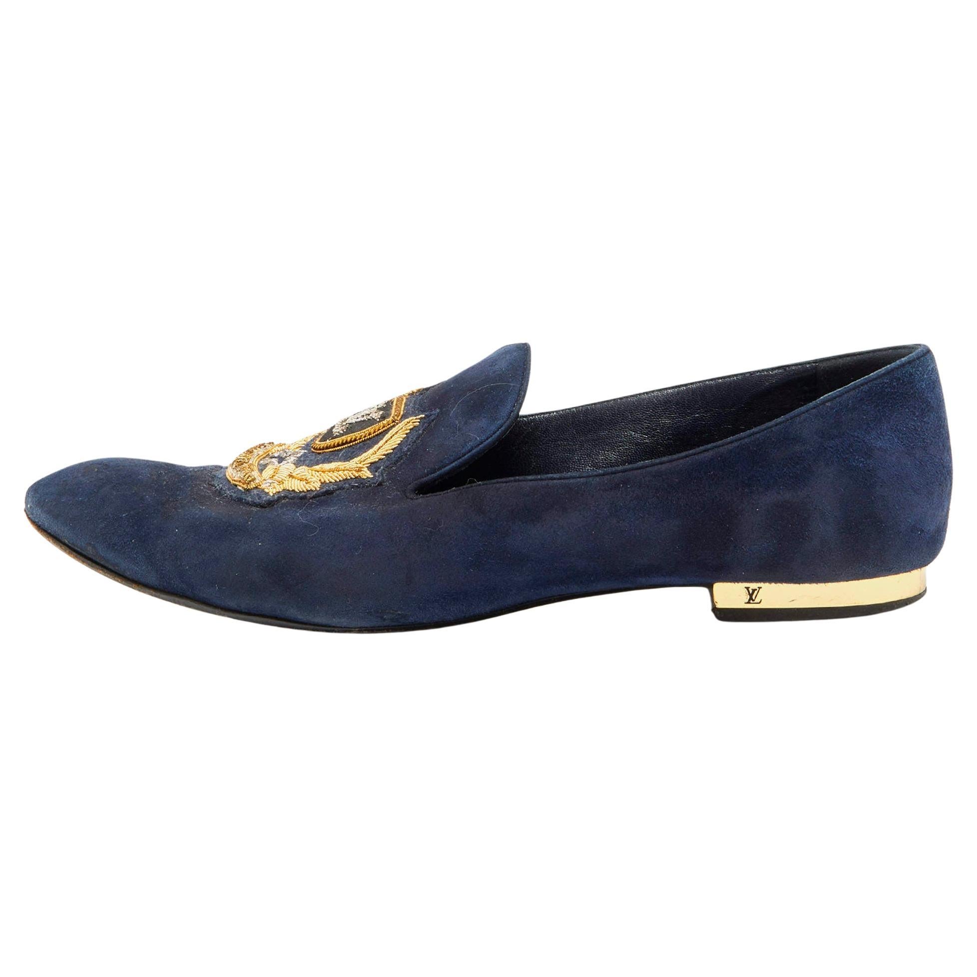 Louis Vuitton Navy Blue Suede Embroidered Smoking Slippers Size 38 For Sale