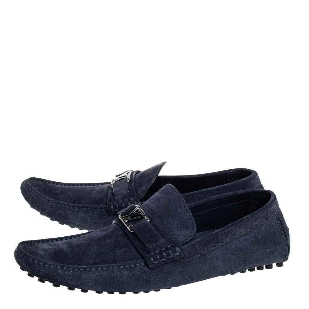 Louis Vuitton Navy Blue Suede Hockenheim Slip On Loafers Size 43.5 In New Condition In Dubai, Al Qouz 2