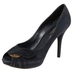 Used Louis Vuitton Navy Blue Suede Kimono Peep Toe Platform Pumps Size 38