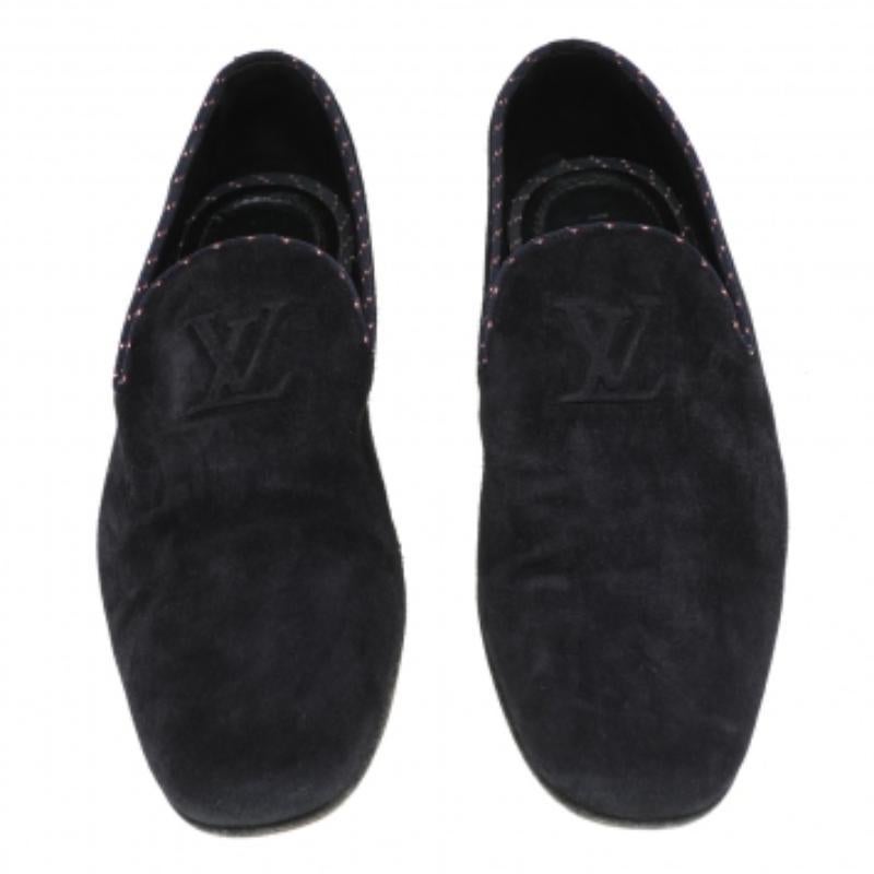 Louis Vuitton Navy Blue Suede Logo Smoking Slippers Size 43 In Good Condition In Dubai, Al Qouz 2