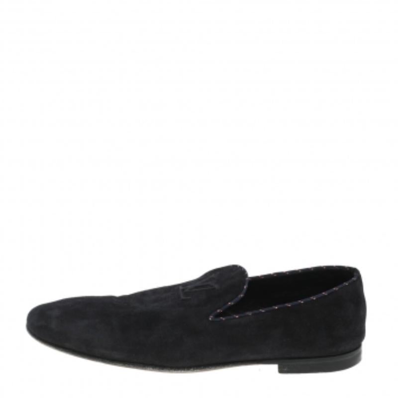 Men's Louis Vuitton Navy Blue Suede Logo Smoking Slippers Size 43