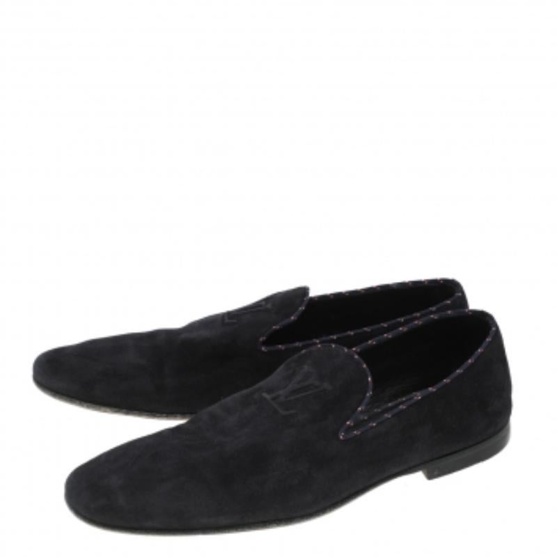Louis Vuitton Navy Blue Suede Logo Smoking Slippers Size 43 2