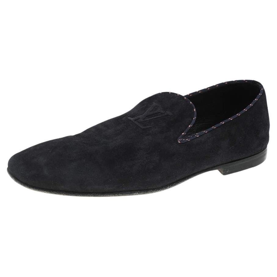 Louis Vuitton Navy Blue Suede Logo Smoking Slippers Size 43 For Sale