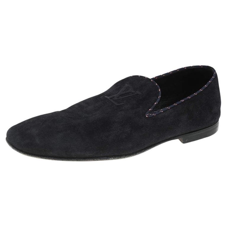 Louis Vuitton Navy Blue Suede Logo Smoking Slippers Size 43 For Sale at  1stDibs