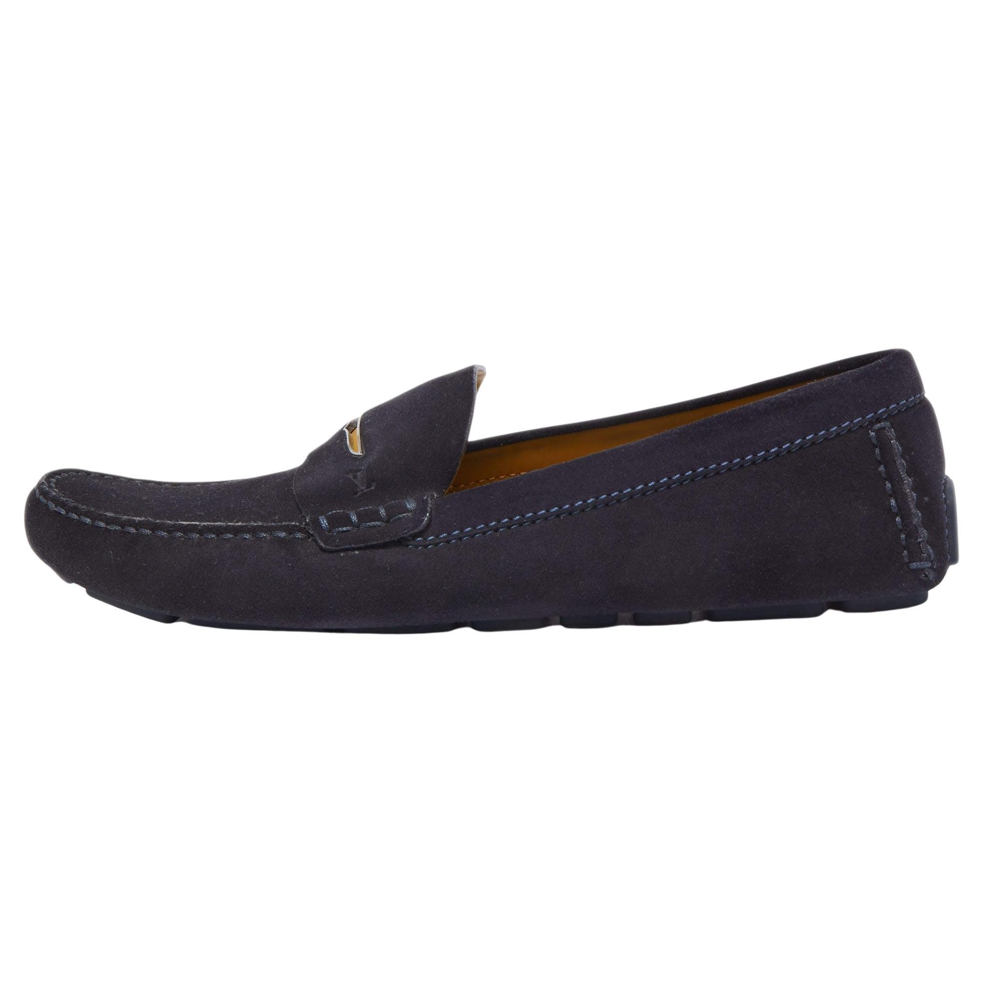 Louis Vuitton Navy Blue Suede Slip On Loafers Size 44.5 For Sale at 1stDibs