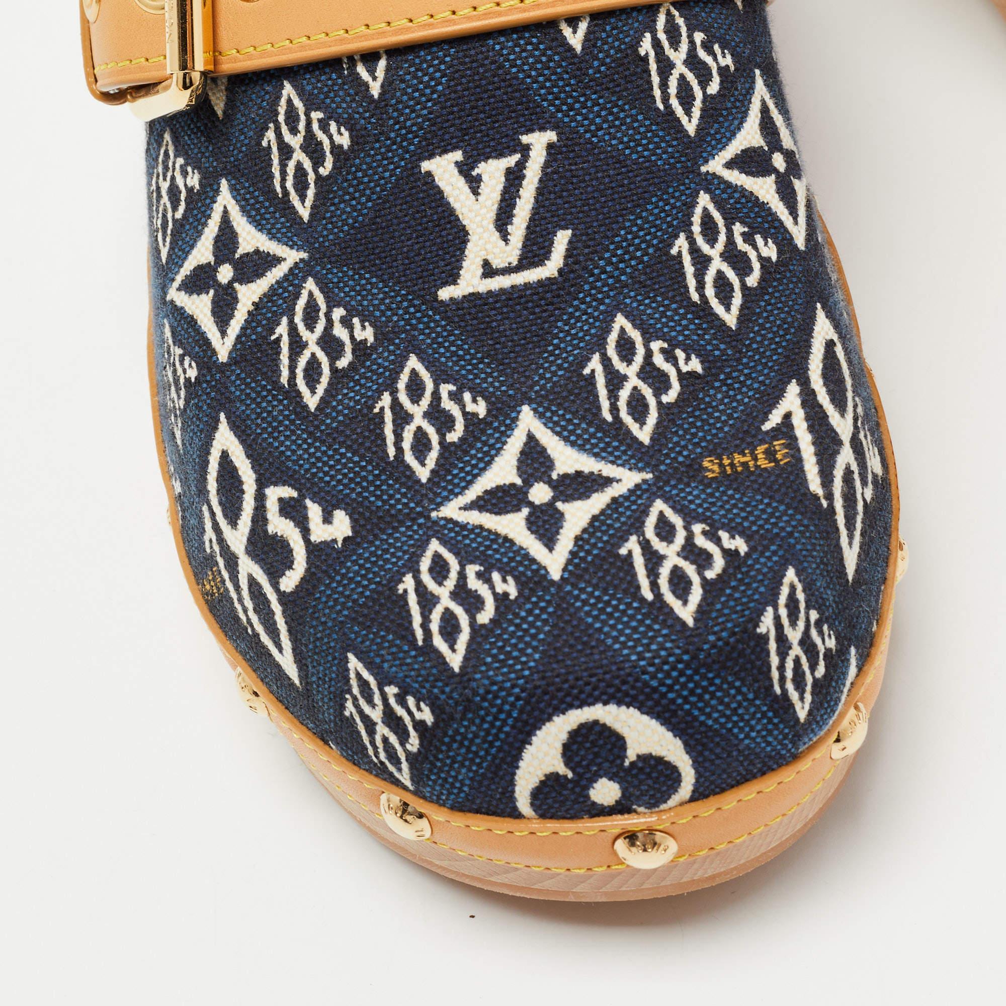 Louis Vuitton Navy Blue/Tan Printed Canvas Leather Cottage Clog Mules Size 36 2
