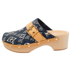 Louis Vuitton Navy Blue/Tan Printed Canvas Leather Cottage Clog Mules Size 36