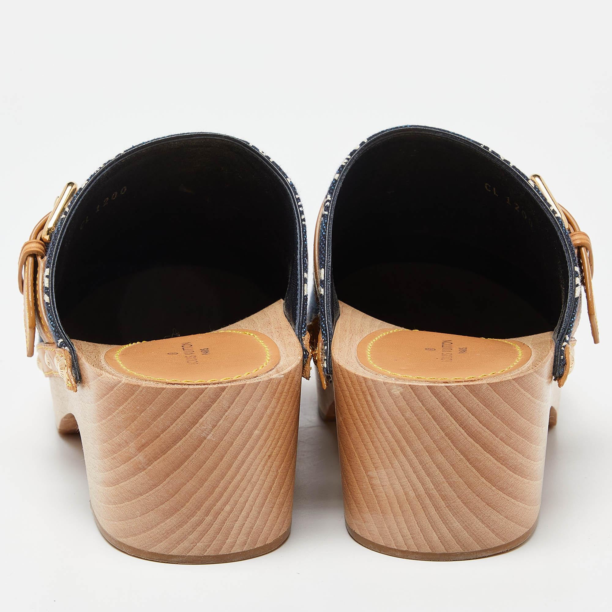 Louis Vuitton Navy Blue/Tan Printed Canvas & Leather Cottage Clog Mules Size 38 1