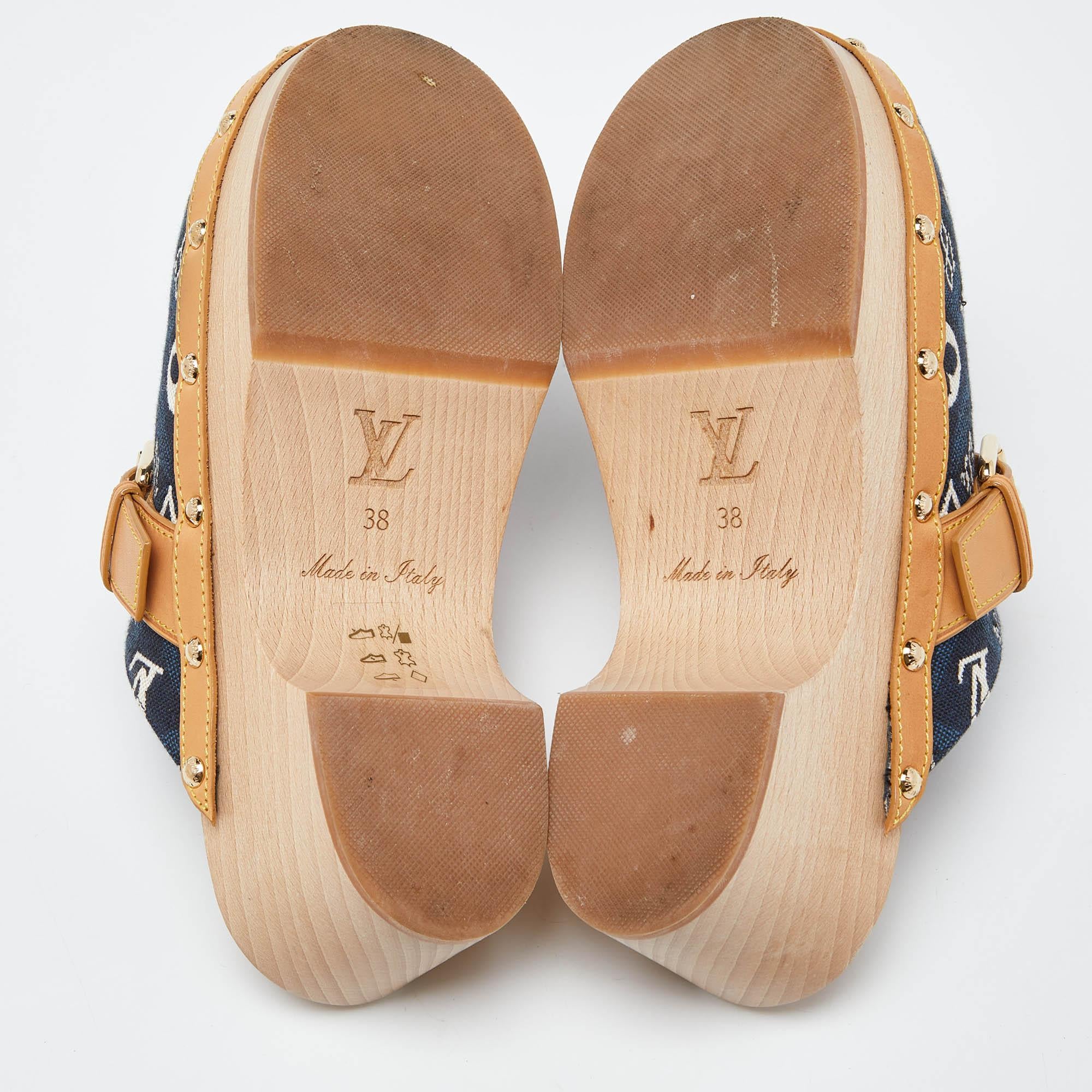 Louis Vuitton Navy Blue/Tan Printed Canvas & Leather Cottage Clog Mules Size 38 2