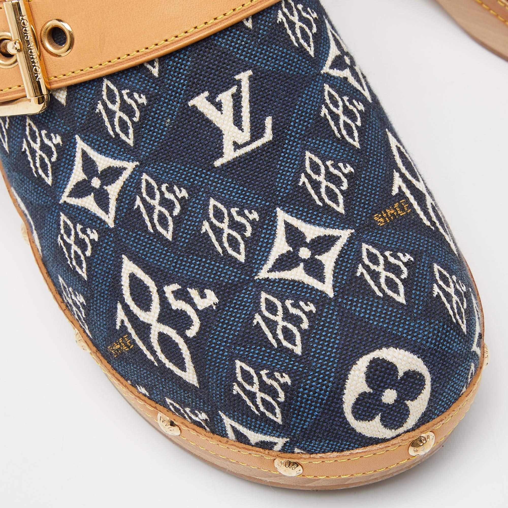 Louis Vuitton Navy Blue/Tan Printed Canvas & Leather Cottage Clog Mules Size 38 4