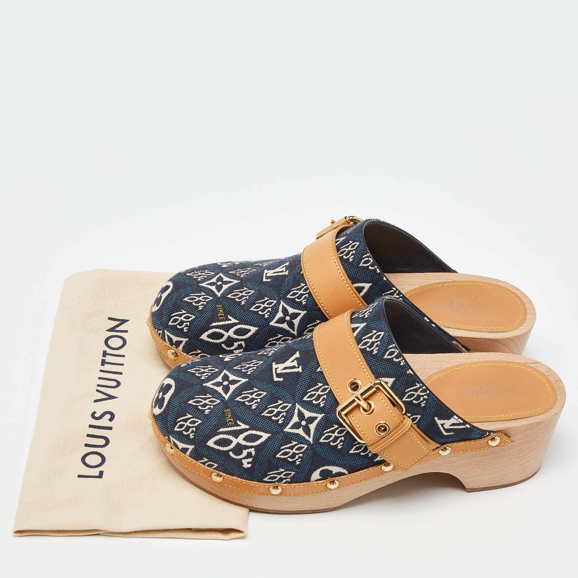 Louis Vuitton Navy Blue/Tan Printed Canvas & Leather Cottage Clog Mules Size 38 5