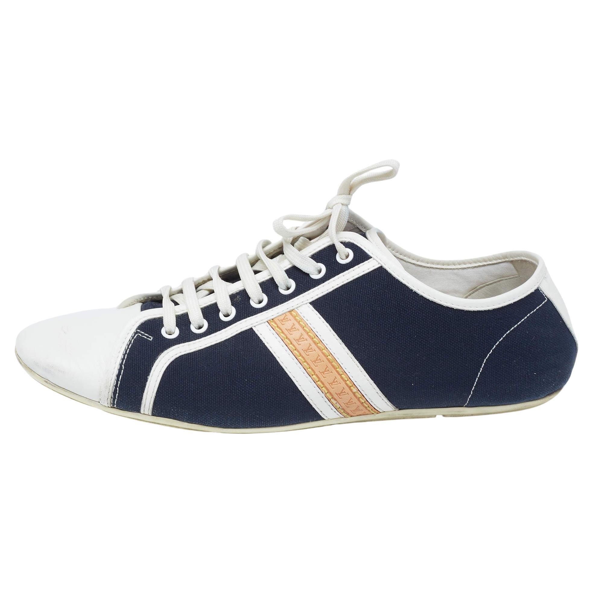 Louis Vuitton Navy Blue/White Canvas and Leather Low Top Sneakers Size 42.5 For Sale