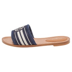 Louis Vuitton Navy Blue/White Canvas Lock It Flat Slides Size 37