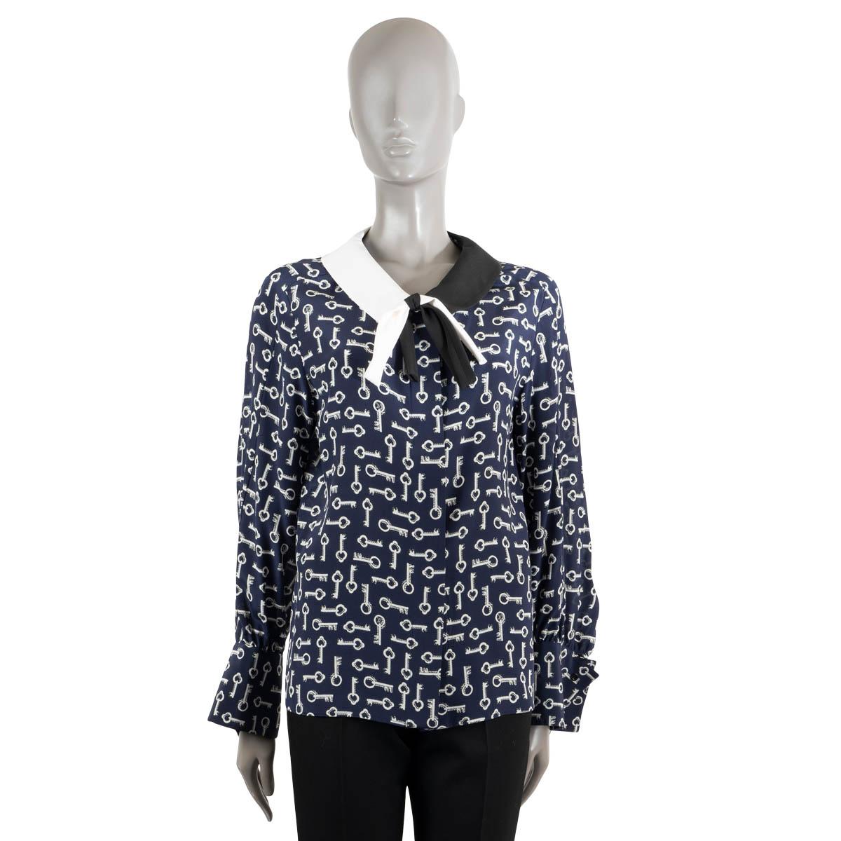 Black LOUIS VUITTON navy blue & white silk KEY PRINT Blouse Shirt 36 XS For Sale