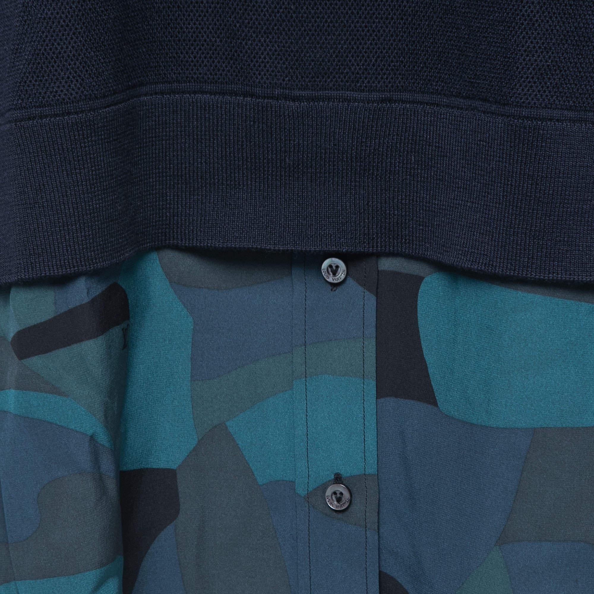 Louis Vuitton Navy Blue Wool Knit & Printed Silk Hem Detail Mini Dress In New Condition In Dubai, Al Qouz 2