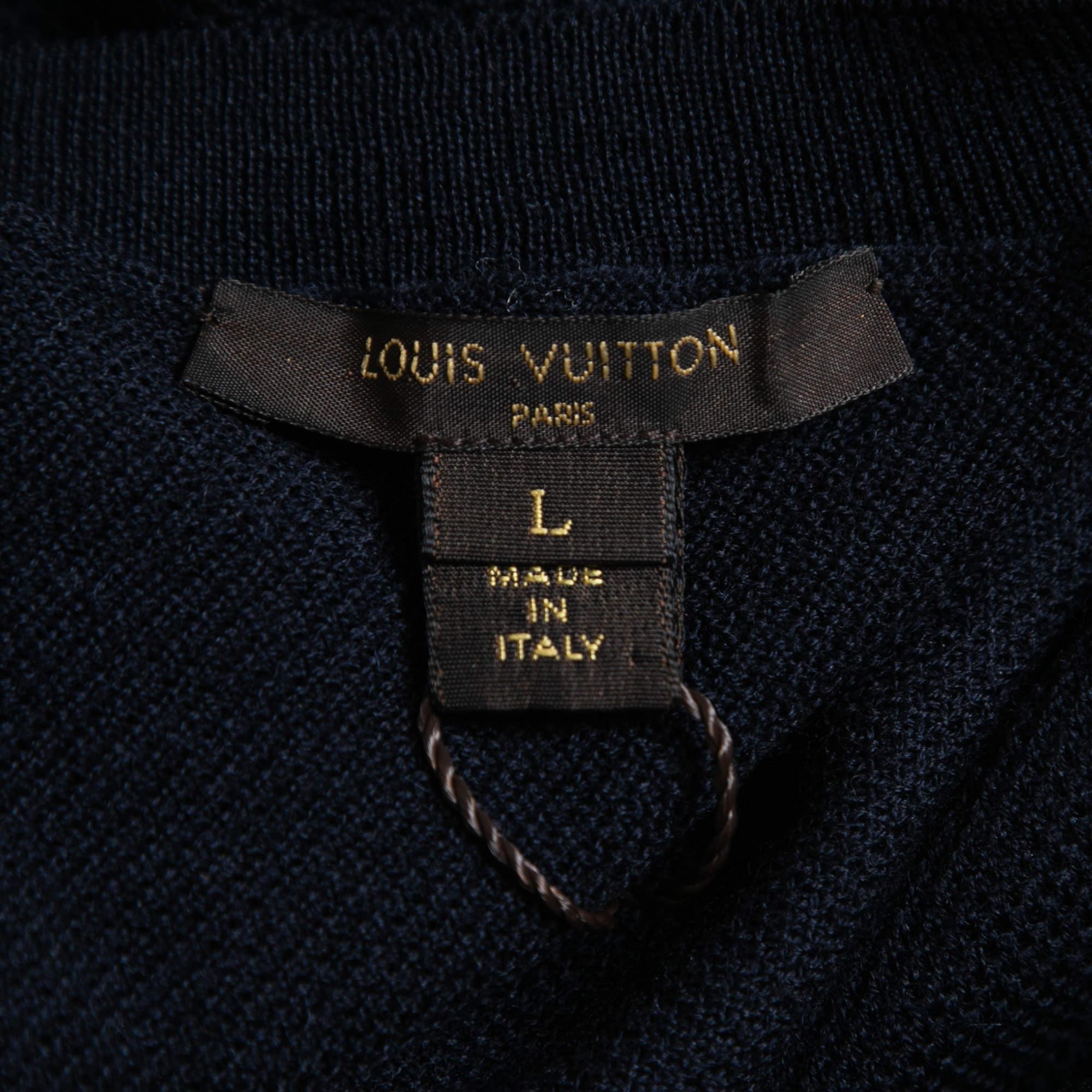 Women's Louis Vuitton Navy Blue Wool Knit & Printed Silk Hem Detail Mini Dress