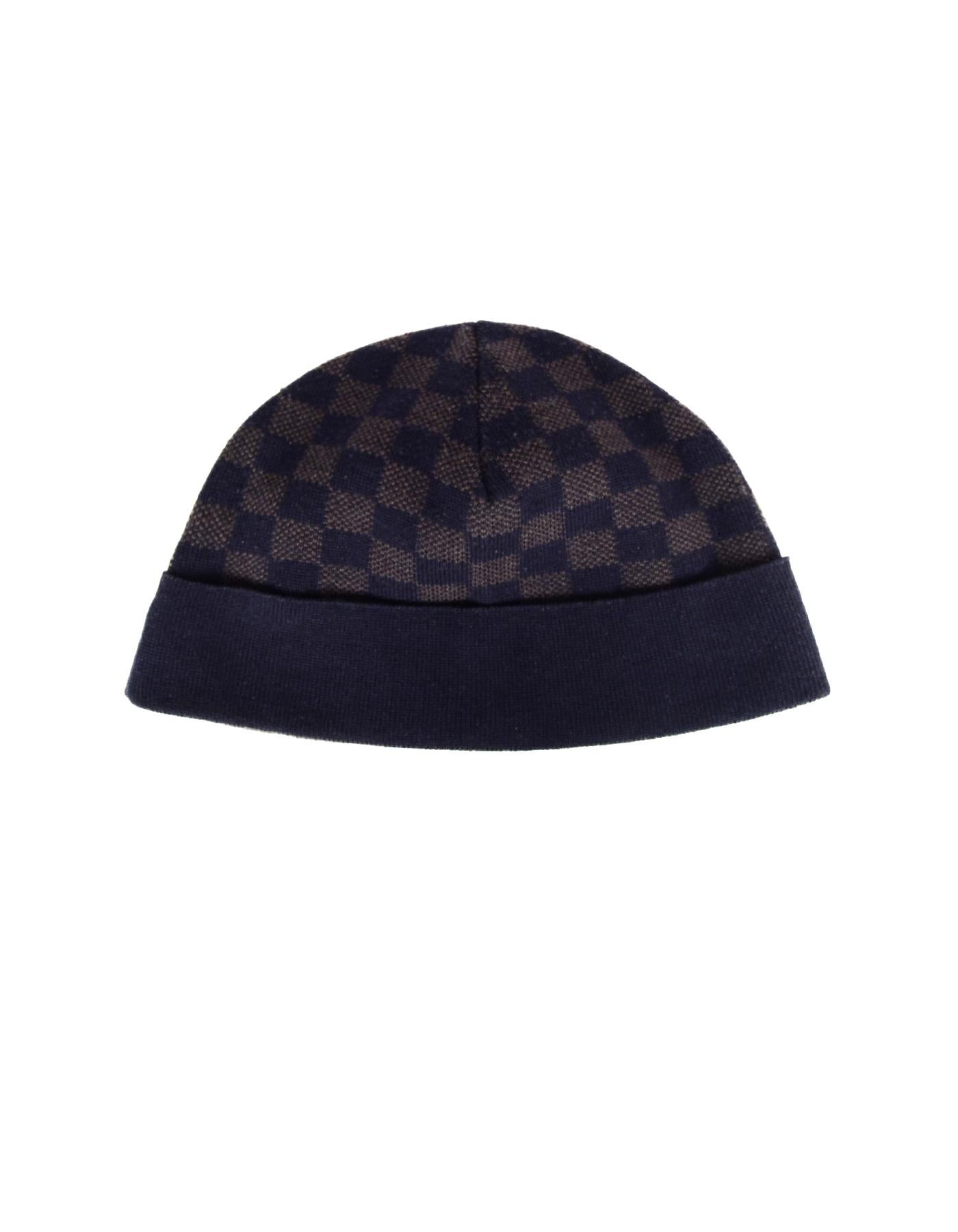 Black Louis Vuitton Navy/Brown Wool Bonnet Petit Damier Beanie Hat