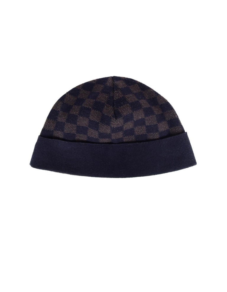 Louis Vuitton Navy/Brown Wool Petit Damier Beanie Hat For Sale