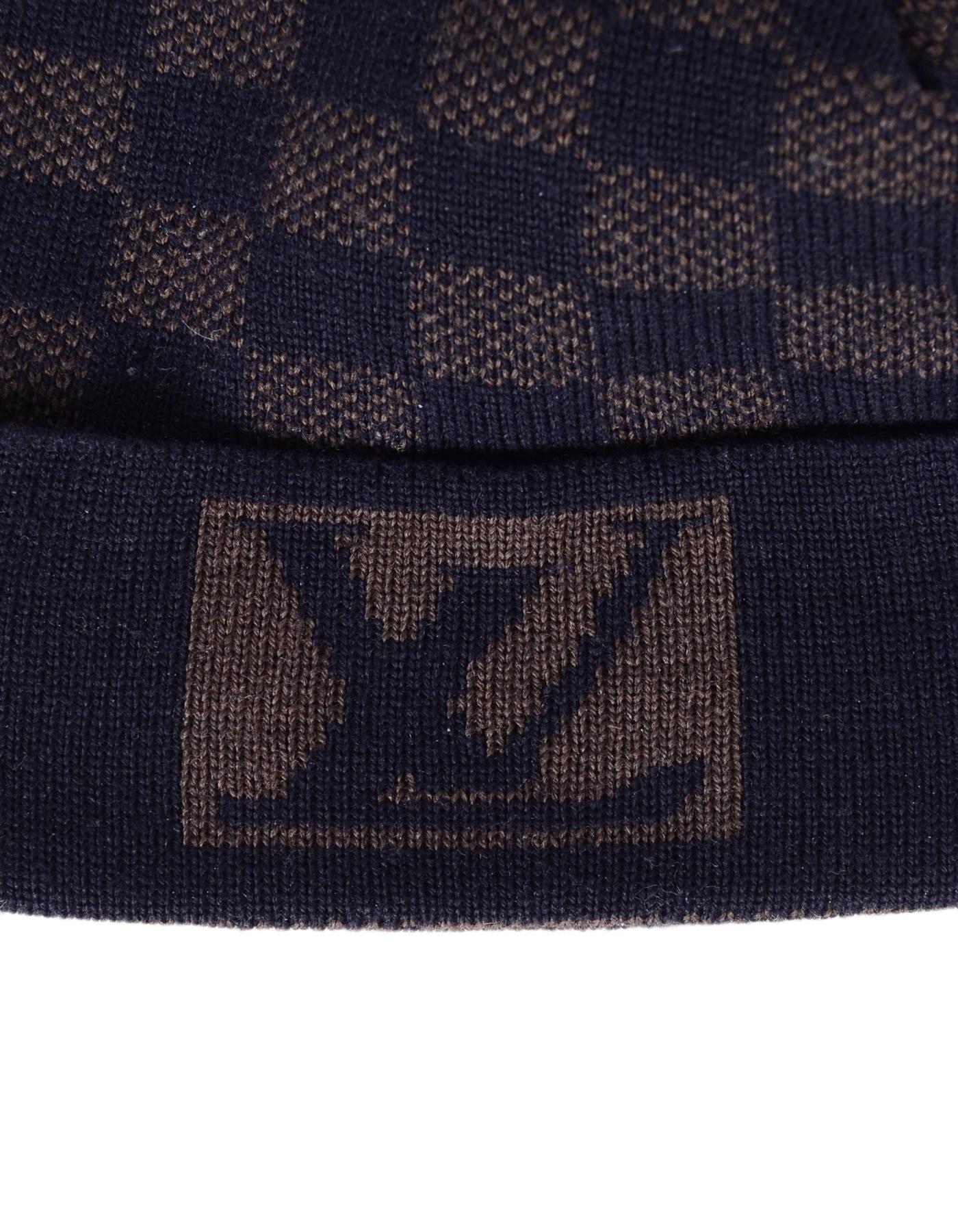 Louis Vuitton Navy/Brown Wool Bonnet Petit Damier Beanie Hat In Excellent Condition In New York, NY