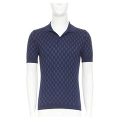 LOUIS VUITTON navy cashmere silk Damier checked knit polo shirt S