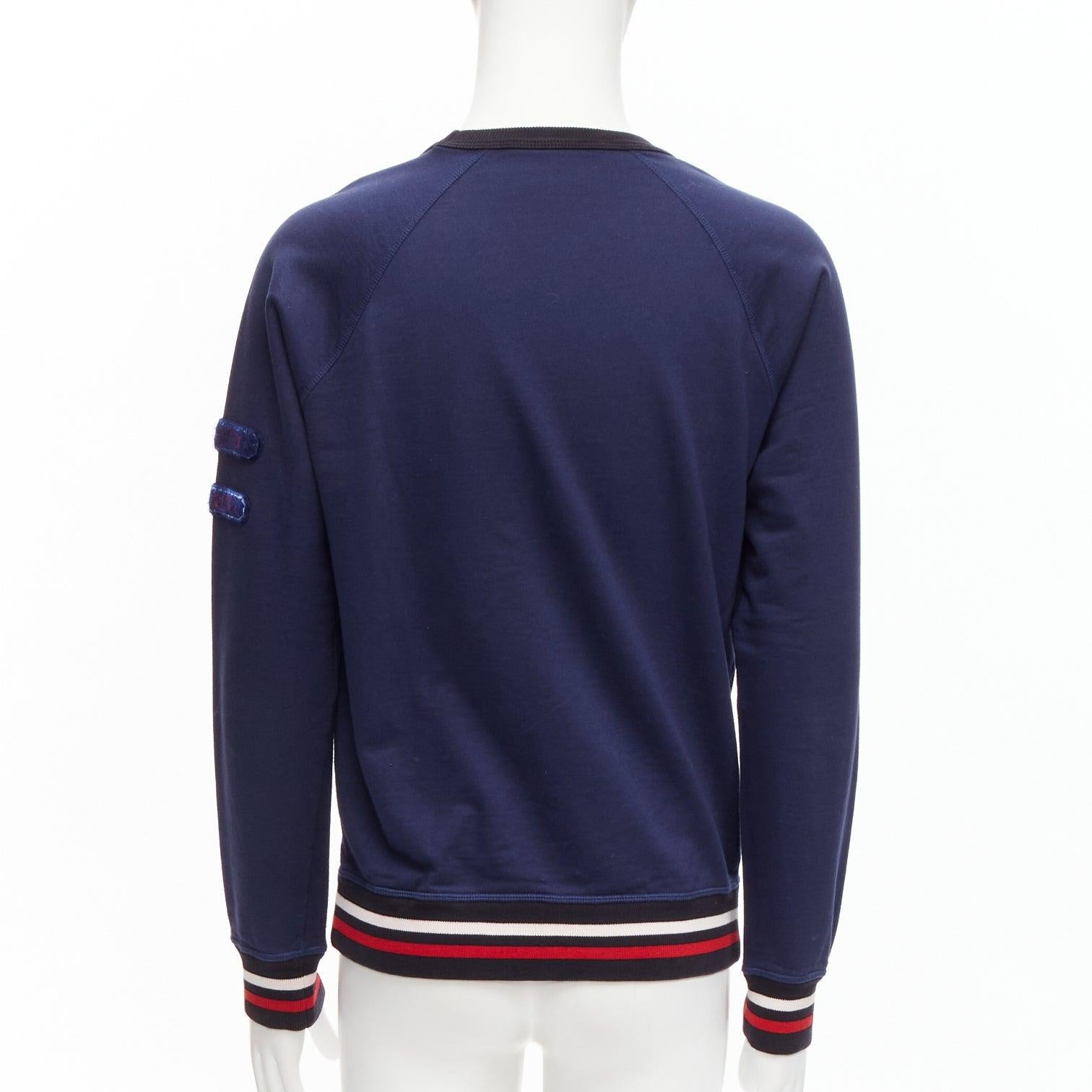 Men's LOUIS VUITTON navy cotton blend red malletier badge web ribbed sweater L For Sale